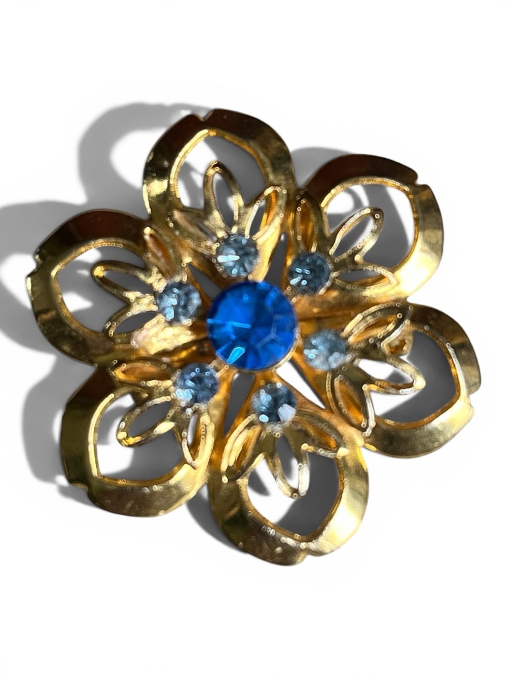 Vintage Blue Rhinestone Flower Brooch Gold Tone Openwork Floral